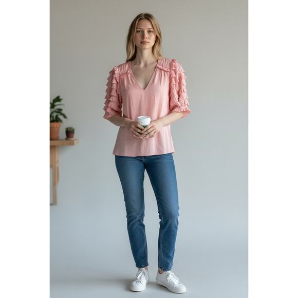 RAMY BROOK Top NEW Size XXS Waverly Ruffle Short Sleeve Light Pink Blush $345 - Picture 1 of 5